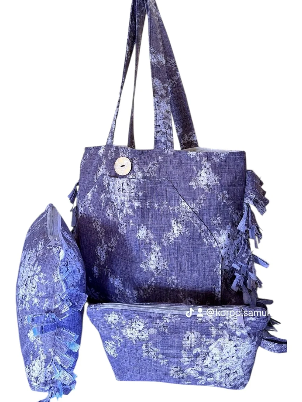 Purple Floral Tote Bag Set with Matching Pouches - Women Bags - Picture 2 of 7